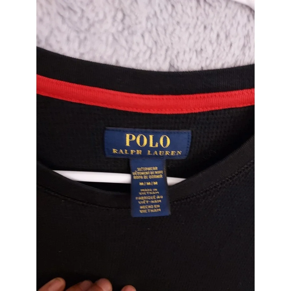 Polo Ralph Lauren Shirt Mens Medium Waffle Knit Thermal Black Red Pony Sleepwear